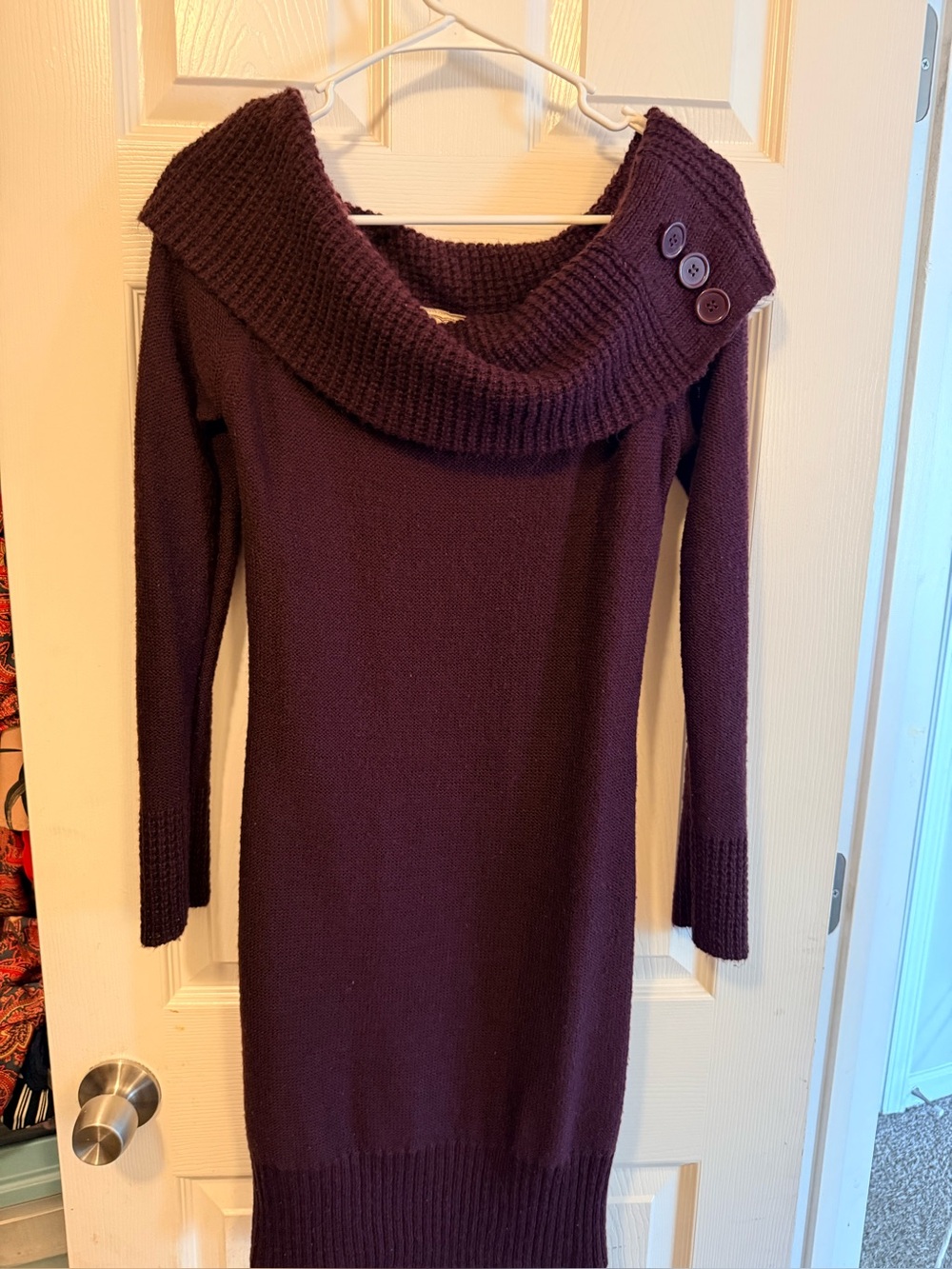 Pink Rose Off-Shoulder Ribbed Knit Sweater Dress - Deep Plum